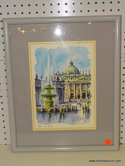 ROMA SAN PIETRO WATERCOLOR PRINT; 20TH C. DOUBLE MATTED IN CREAM AND GREY WITH A GREY METAL FRAME.