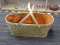 (R2) LARGE PICNIC BASKET; CREAM COLORED DISTRESSED BASKENETTE WITH ORANGE BURLAP LINER. HAS TWO