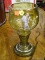 (R2) LARGE GLASS GOBLET; LARGE GREEN HAND PAINTED GLASS GOBLET WITH IMAGE OF A MAN WITH A WALKING