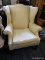 (R4) WINGBACK CHAIR; IS YELLOW AND WHITE IN COLOR AND HAS STRAIGHT LEGS. IS IN VERY GOOD CONDITION!