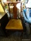 (R4) DINING SIDE CHAIR; HAS MAHOGANY BONES WITH A FIDDLE BACK, YELLOW UPHOLSTERED SEAT AND QUEEN