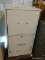 (R5) FILING CABINET; CREAM METAL FINISH WITH 2 DRAWERS (1 NEEDS A HANDLE). MEASURES 15 IN X 14 IN X