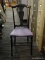 (R5) SIDE CHAIR; BLACK PAINTED WITH A PURPLE UPHOLSTERED SEAT AND URN SHAPED BACK. MEASURES 16 IN X
