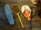 (R1) VINTAGE SKATEBOARD AND TENNIS RACQUETS LOT; SKATEBOARD IS HAS A BLUE DECK WITH PINK AND BLACK