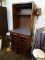 (R1) ELEGANT WOODEN WINE CABINET; OPEN UPPER HUTCH PORTION HAS 2 ROWS OF 5 SLOTS EACH FOR HANGING