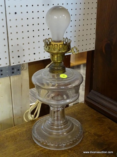 (R1) VINTAGE GLASS TABLE LAMP; WITH BULB, BUT NO GLASS SHADE INCLUDED. CLEAR GLASS WITH BRASS