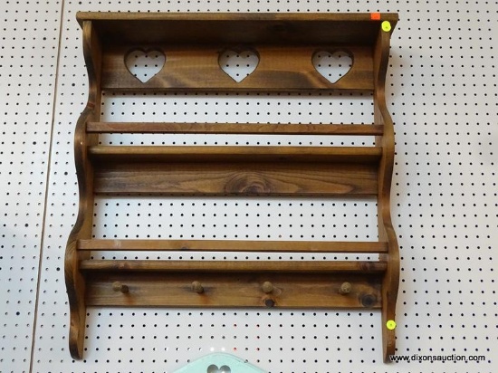 (R1) WOODEN WALL SHELF WITH SHAKER PEGS; 2 SHELF UNIT WITH FRONT RAILS, TRIPLE HEART CUT OUT ACROSS