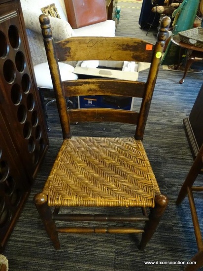 (R1) VINTAGE SIDE CHAIR WITH WOVEN RATTAN SEAT; TURNED EARS WITH 3 LADDER SLATS BETWEEN AT THE BACK,