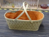 (R2) LARGE PICNIC BASKET; CREAM COLORED DISTRESSED BASKENETTE WITH ORANGE BURLAP LINER. HAS TWO