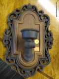 (R2) DECORATIVE WALL SCONCE; FAUX WOOD GRAIN AND BLACK PLASTIC WALL SCONCE WITH ORNATE SCROLLING