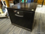 (R2) SENTRY METAL FILE CABINET SAFE; BLACK IN COLOR, AND MEASURES 16 IN X 18 IN X 15 IN. NEEDS KEY