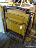 (R3) FOLDING PATIO CHAIRS; BEIGE/TAN CANVAS BACK AND SEAT PANELS WITH BLACK METAL ARMS AND FRAMES.