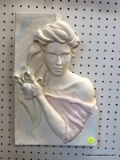 (R1) PASTEL PLASTER BUST OF WOMAN WITH IRIS; MOLDED WHITE PLASTER WITH HINTS OF PALE PINK, BLUE, AND