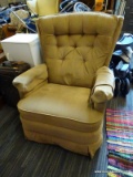 (R3) LA-Z-BOY RECLINER; BEIGE RECLINER WITH BUTTON TUFTED BACK AND MATCHING ARM SLIPCOVERS. HAS A