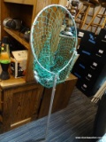 (R3) FISHING NET; METAL HANDLED FISHING NET WITH GREEN NETTING IS IN FAIR CONDITION. MEASURES 60 IN