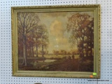 (R1) FRAMED ART PRINT; ANTIQUE OIL PAINTING IMAGE IN MUTED EARTH TONES, LANDSCAPE WITH A MAN WALKING