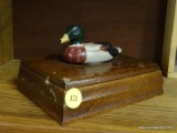 (R4) DUCK PLAYING CARD HOLDER; HAS A MALLARD DUCK FINIAL WITH CANVASBACK PLAYING CARDS INSIDE. BOX