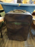 (R4) MACGREGOR SUITCASE; GREEN IN COLOR WITH BLACK ACCENTS AND TELESCOPING HANDLE. MEASURES 14 IN X