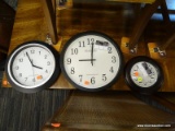 (R4) WALL CLOCK LOT; INCLUDES 3 WALL HANGING CLOCKS (1 IN A MAHOGANY CASE, AND 2 IN BLACK CASES).