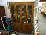 (R1) CONTEMPORARY CHINA CABINET; 4 GLASS PANES ACROSS FRONT, CENTER 2 OPEN OUTWARE TO REVEAL 2