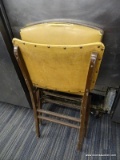 (R4) FOLDING CHAIR; HAS A VINYL UPHOLSTERED BACK AND SEAT WITH A METAL FRAME. FOLDS FOR EASY STORAGE