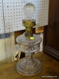 (R1) VINTAGE GLASS TABLE LAMP; WITH BULB, BUT NO GLASS SHADE INCLUDED. CLEAR GLASS WITH BRASS