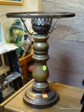 (R4) TABLE LAMP; VINTAGE WOODEN TABLE LAMP WITH BRASS BASE AND HOLDERS FOR A SHADE AND CHIMNEY.