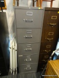 (R5) FILING CABINET; GRAY METAL FINISH WITH 5 DRAWERS. MEASURES 15 IN X 29 IN X 60 IN