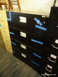 (R5) LATERAL FILING CABINET; MADE BY JEFSTEEL WITH 4 DRAWERS. HAS A BLACK METAL FINISH. MEASURES 36