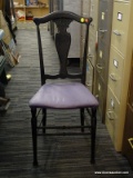 (R5) SIDE CHAIR; BLACK PAINTED WITH A PURPLE UPHOLSTERED SEAT AND URN SHAPED BACK. MEASURES 16 IN X