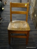 (R5) CHILDS CHAIR; SOLID OAK PLANK BOTTOM CHILDS SIDE CHAIR. MEASURES 13 IN X 13 IN X 24.5 IN