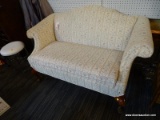 (R1) VINTAGE CLAYTON MARCUS CAMELBACK SETTEE; LOVESEAT-SIZED PIECE COVERED IN A CREAM COLORED