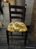 (R5) SIDE CHAIR; DARK BROWN PAINTED LADDER BACK SIDE CHAIR WITH WOVEN SEAT AND CHAIR CUSHION.