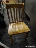 (R5) MISSION STYLE SIDE CHAIR; A SOLID PIECE WITH SLAT BACK AND A PLANK BOTTOM SEAT. MEASURES 17 IN