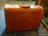 (R1) VINTAGE LEATHER SUITCASE; REDDISH BROWN IN COLOR, WITH SINGLE TOP HANDLE AND PAIR OF GOLD