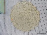 (R1) METAL HANGING WALL MEDALLION DECOR; PRESSED AND EMBOSSED METAL DISC, PAINTED IN A CREAM COLOR