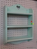 (R1) MINT GREEN WOODEN WALL SHELF; 3 SHELF UNIT WITH BONNET TOP RAIL AND HEART CUTOUT. MEASURES `4.5