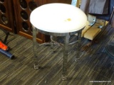 (R1) CONTEMPORARY VANITY STOOL; ROUND WHITE VINYL SEAT AND 4 CHROME LEGS WITH X-STRETCHER BASE.