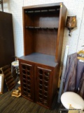 (R1) ELEGANT WOODEN WINE CABINET; OPEN UPPER HUTCH PORTION HAS 2 ROWS OF 5 SLOTS EACH FOR HANGING