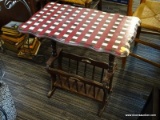 (R1) MAHOGANY MAGAZINE RACK TABLE WITH PLAID PAINTED TOP; TOP SURFACE IS MAROON AND CREAM GINGHAM
