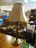 (R2) BRONZE COLORED TABLE LAMP WITH TAN SQUARE LAMPSHADE; ADJUSTABLE ARM TO PLACE THE LIGHT WHERE