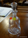 (R2) VINTAGE CUT GLASS BELL-SHAPED DECANTER WITH STOPPER; MEASURES 9 IN TALL. NO CHIPS OR CRACKS