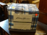 (R2) KING SIZE FLANNEL SHEET SET BY EDDIE BAUER HOME; IN ORIGINAL ZIPPERED BAG, BLUE/BLACK/WHITE