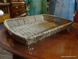 (R2) FLAT RECTANGULAR WOVEN BASKET WITH HANDLES; BLACK AND BROWN IN COLOR, MEASURES 21 IN X 16 IN.