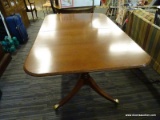 (R2) VINTAGE DOUBLE PEDESTAL DINING TABLE; DUNCAN PHYFE STYLE TABLE WITH BEVELED OVAL SHAPED TOP.