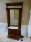 (FOY) VINTAGE MIRRORED HALL TREE; RICH MAHOGANY WOOD WITH SPINDLED TOP GALLERY TAIL AND CORNER