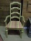 HANDMADE SIDE CHAIR; LADDER BACK, HAND PAINTED LIGHT GREEN WITH FLORAL DECORATION, REMOVABLE STRIPED