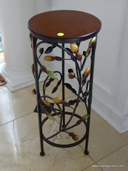 (FOY) WROUGHT IRON PLANT STAND WITH ROUND WOODEN TOP; LEAF AND FRUIT PATTERNED BASE IN SHADES OF