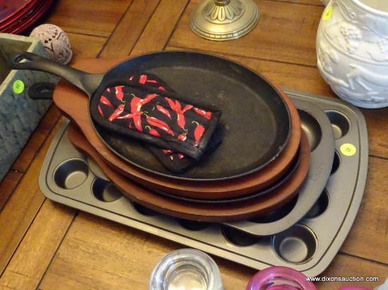 (DR) BAKING PANS AND SKILLETS LOT; INCLUDES DONUT BAKING TIN, MINI MUFFINS TIN, AND PAIR OF CAST