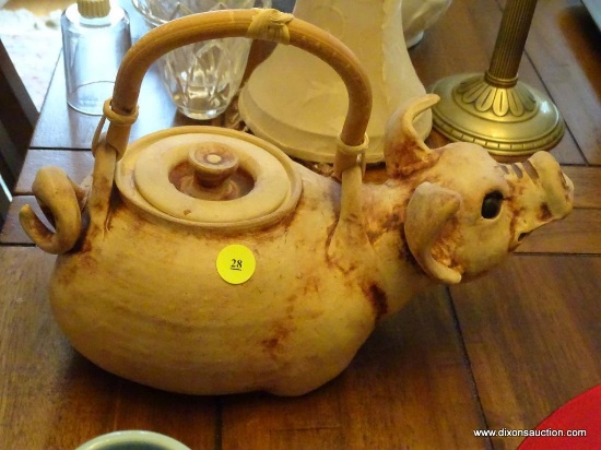 (DR) VINTAGE CLAY PIG-SHAPED TEAPOT; PINKISH-BEIGE IN COLOR WITH BAMBOO HANDLE, COMPLETE WITH HEAD